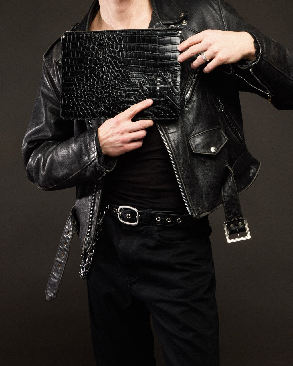 Structured Zip Pouch in Black Croc
