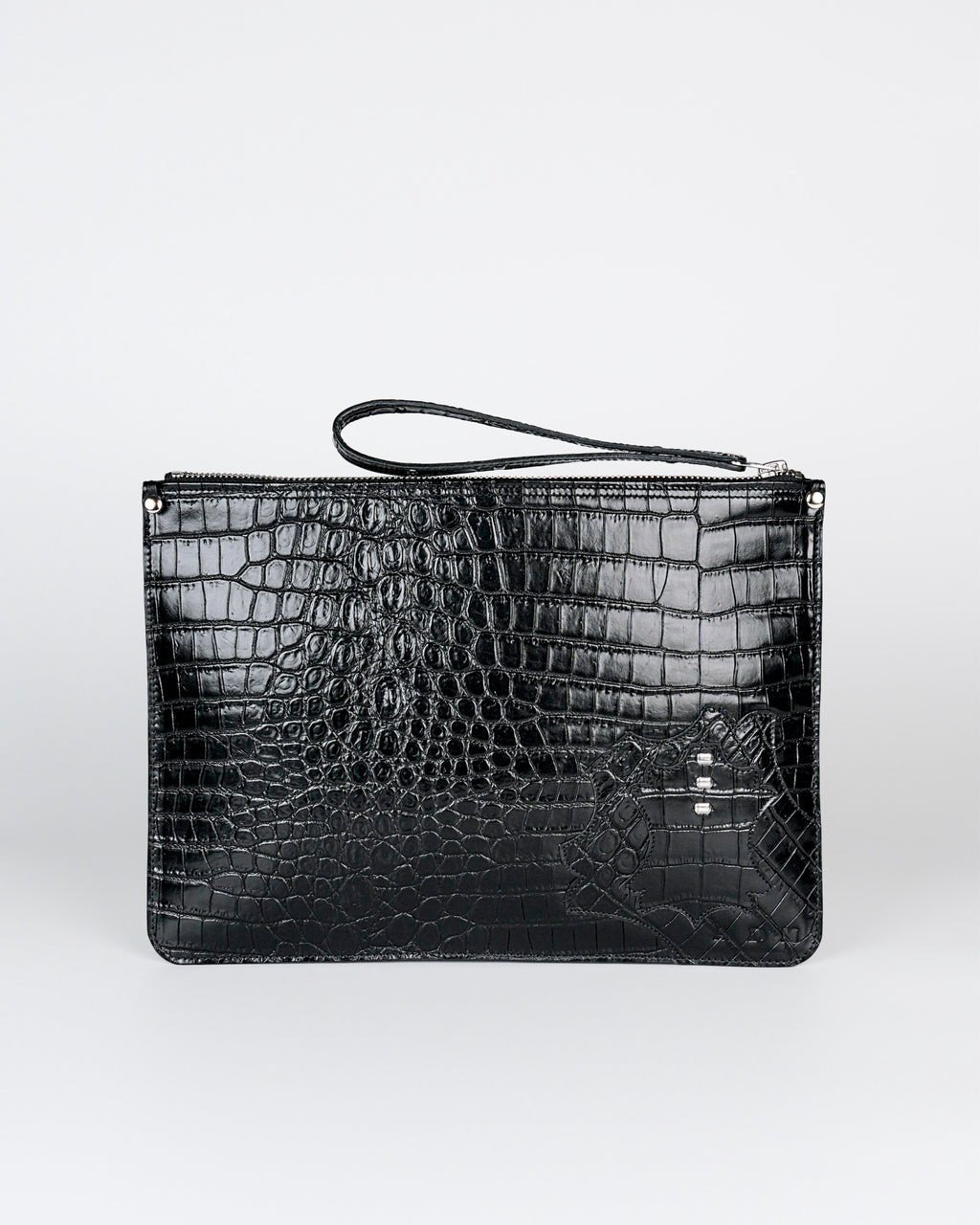 Structured Zip Pouch in Black Croc