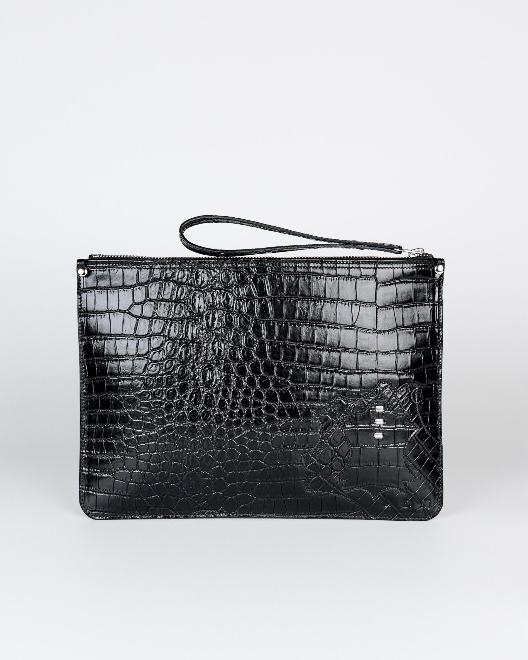 Structured Zip Pouch in Black Croc