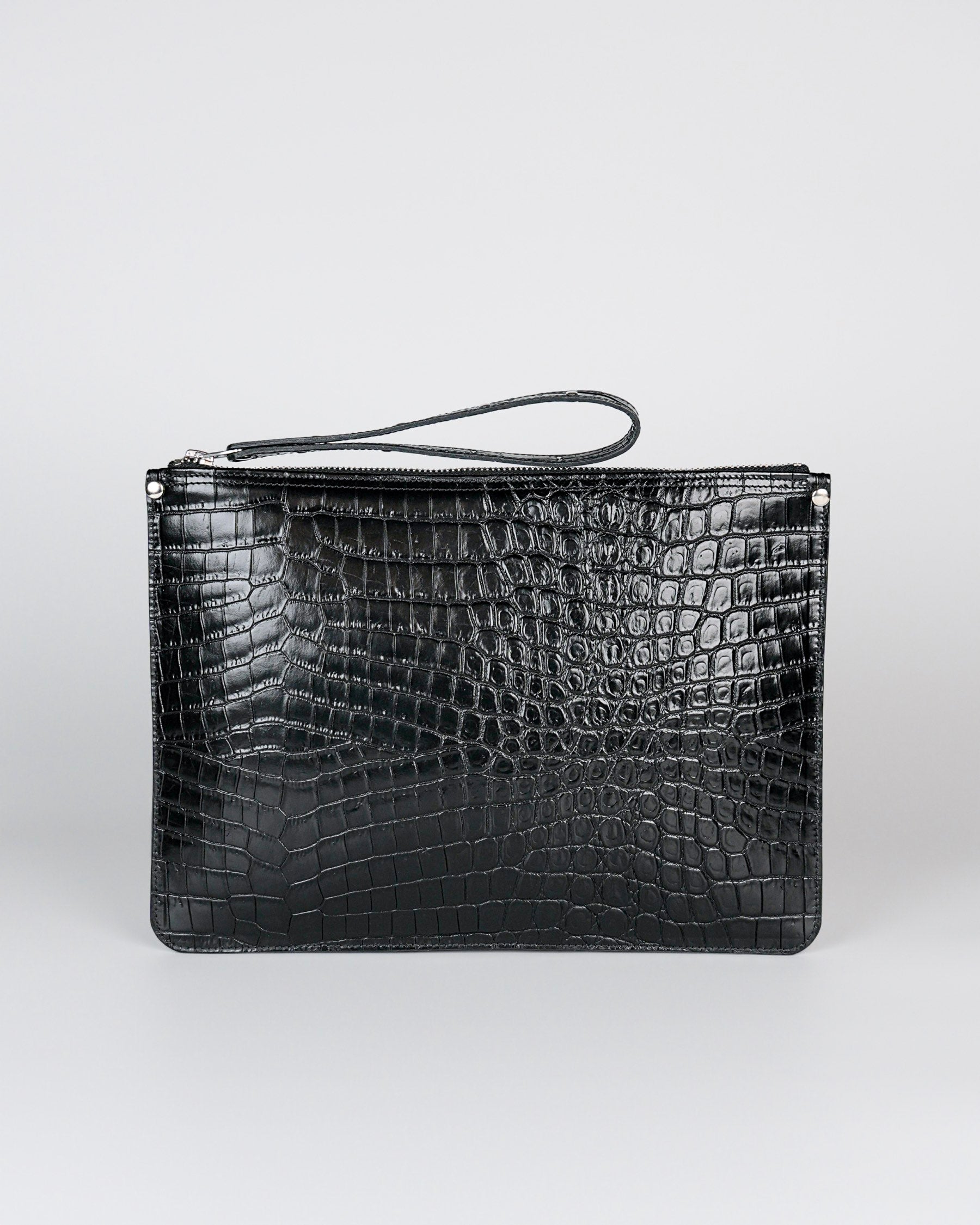 Structured Zip Pouch in Black Croc