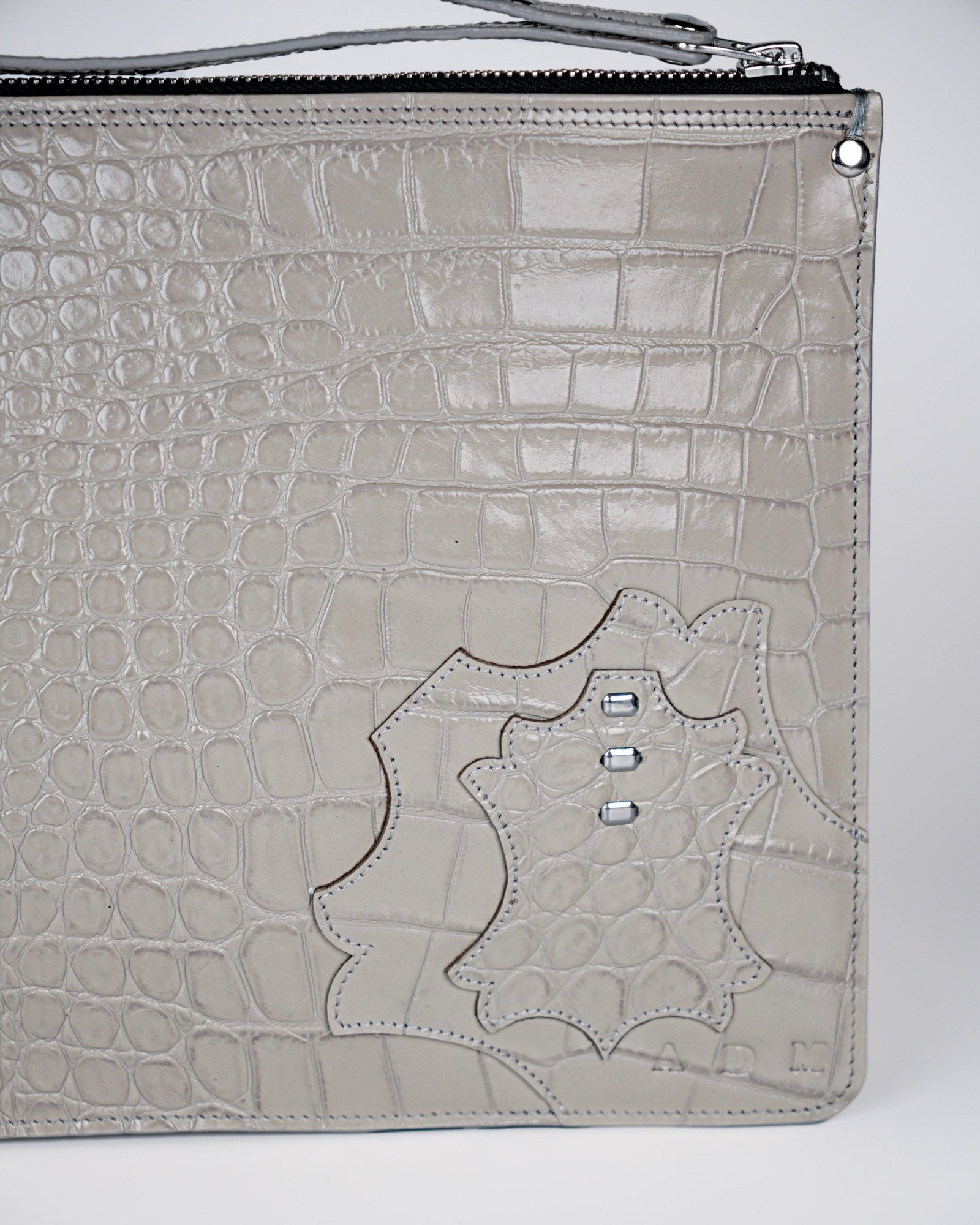 Structured Zip Pouch in Grey Croc