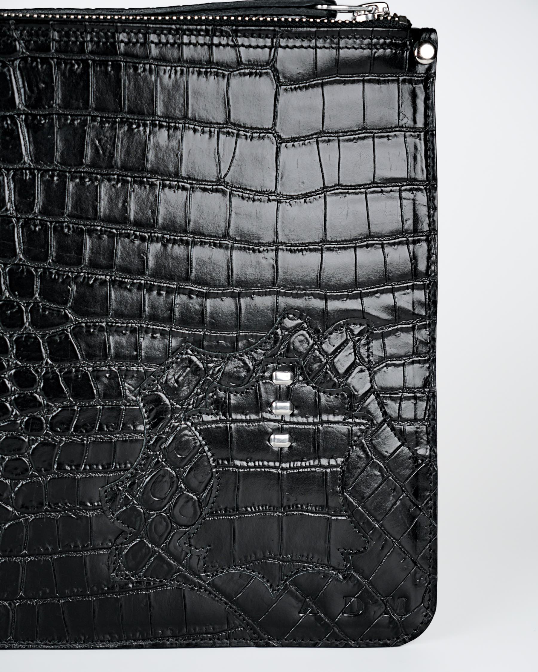 Structured Zip Pouch in Black Croc