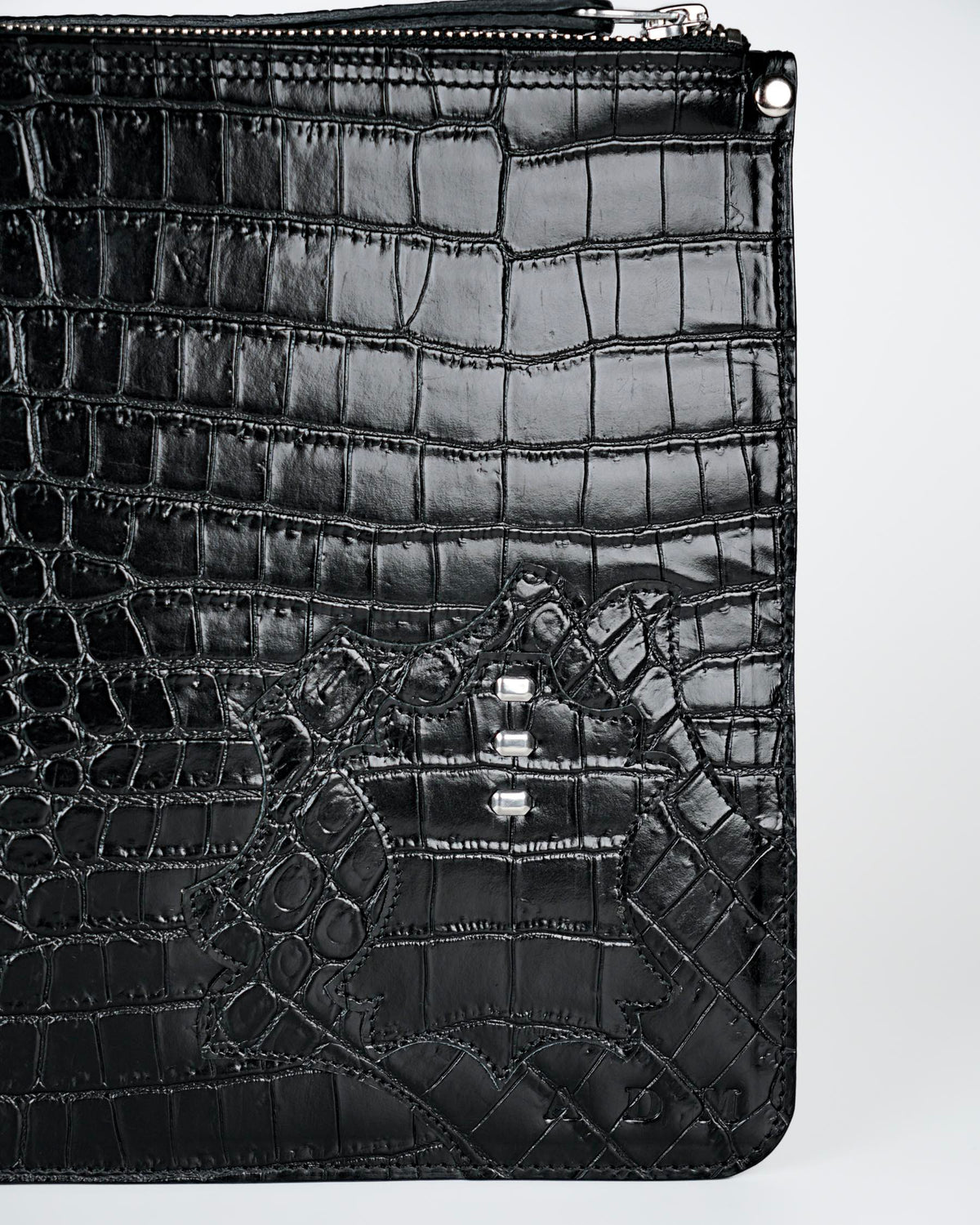 Structured Zip Pouch in Black Croc