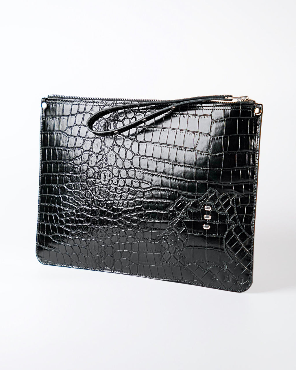 Structured Zip Pouch in Black Croc