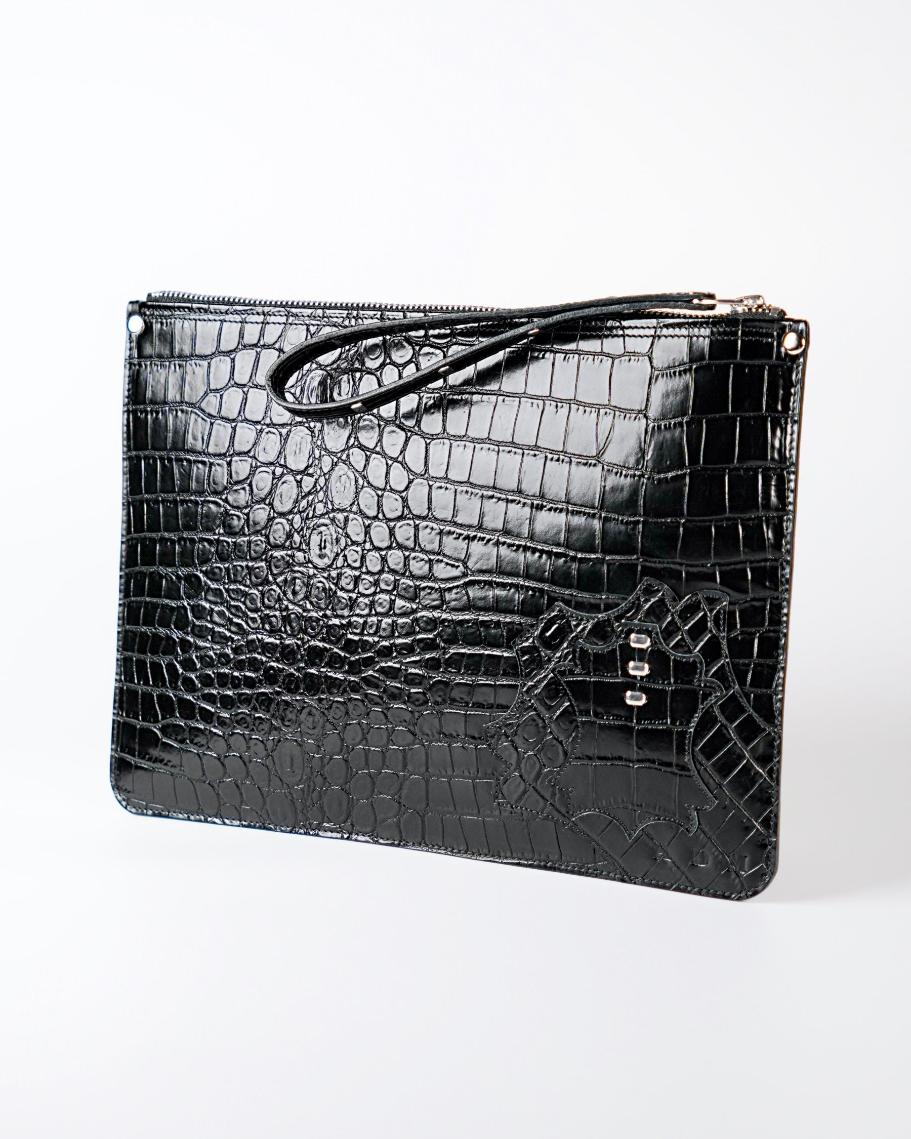 Structured Zip Pouch in Black Croc