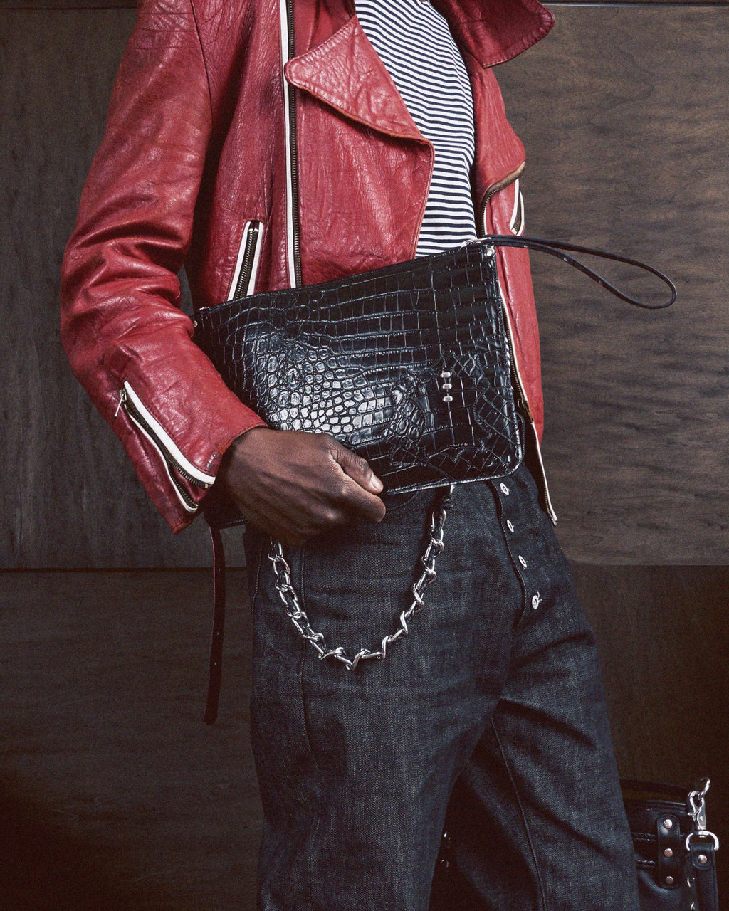 Structured Zip Pouch in Black Croc