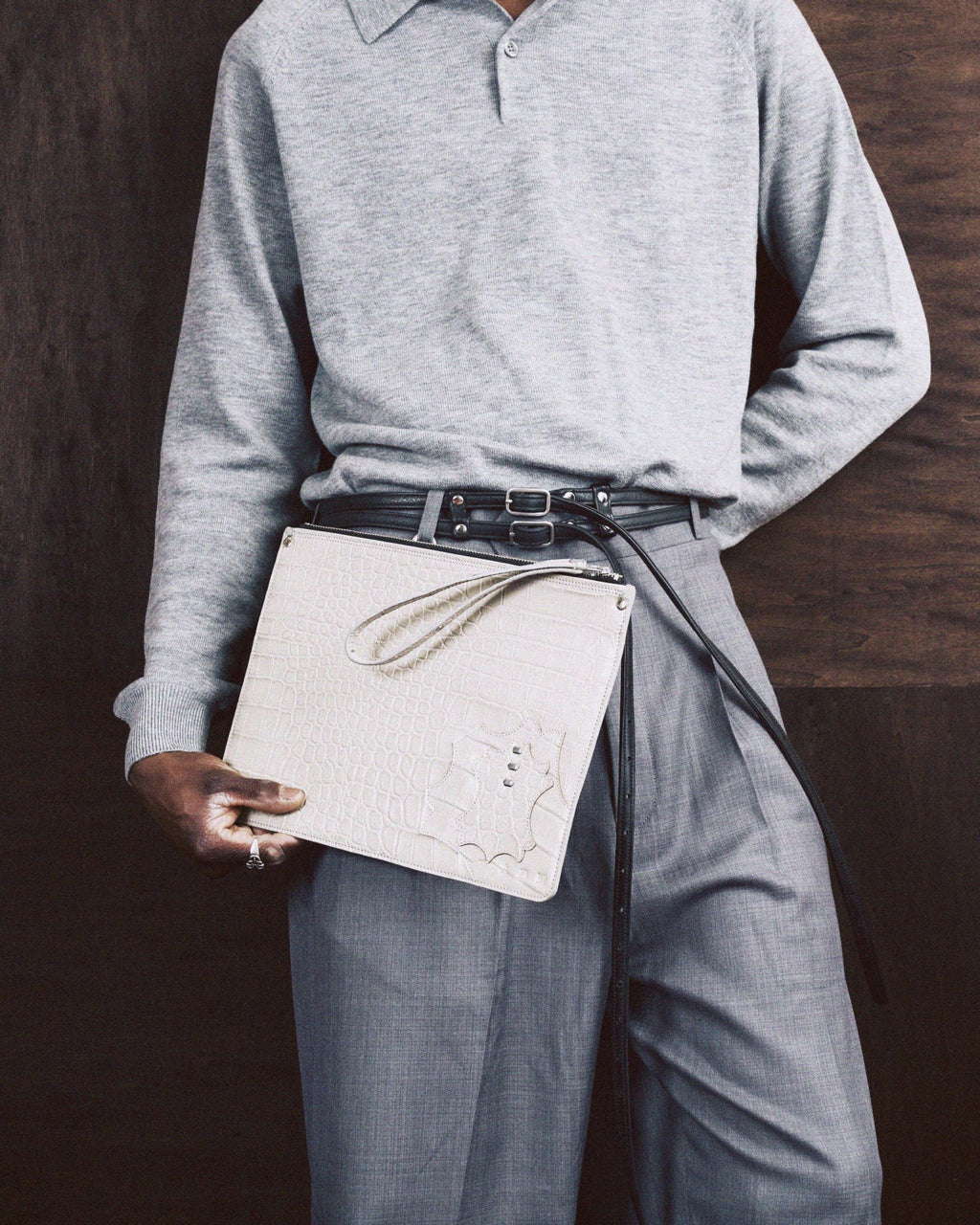 Structured Zip Pouch in Grey Croc