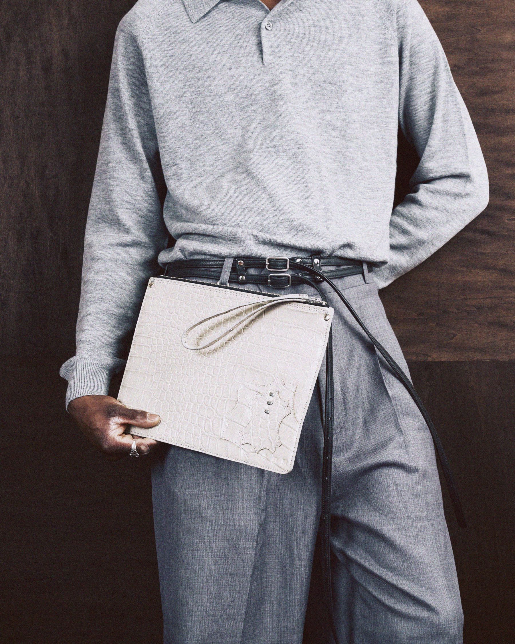 Structured Zip Pouch in Grey Croc